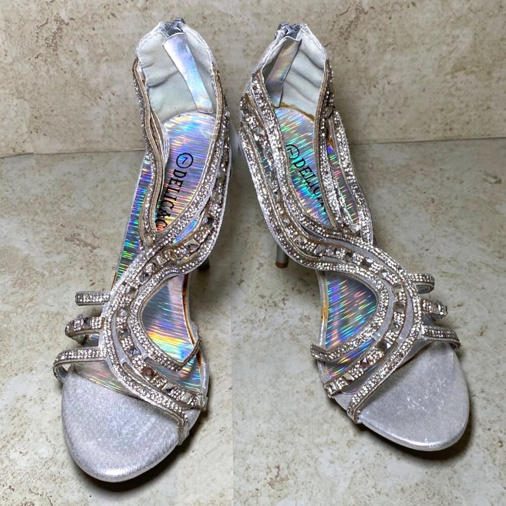 Silver Rhinestone High Heel Sandals With Zipper Back For Women Glam Party Prom